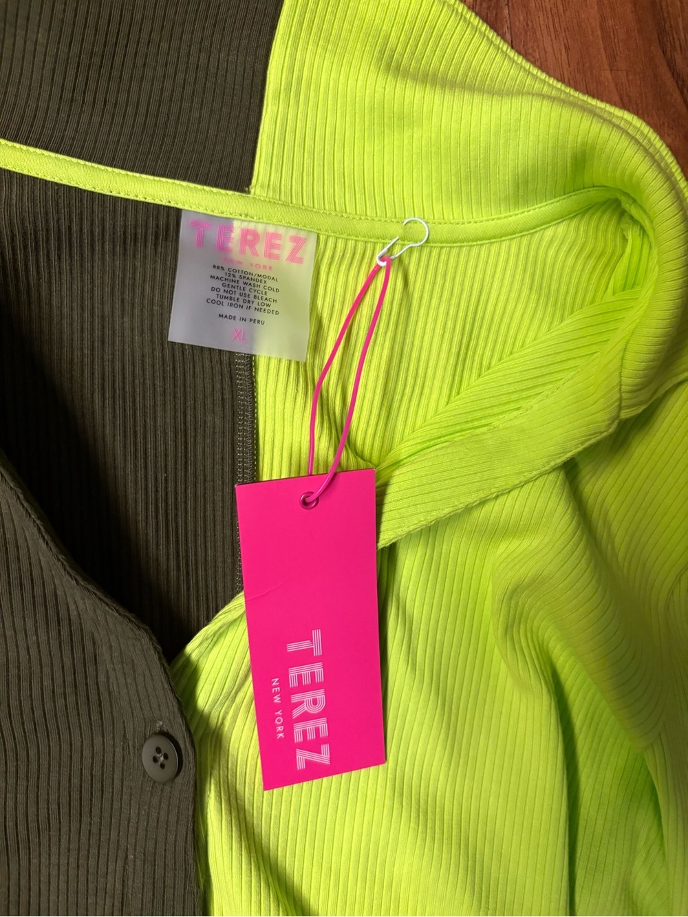 Terez Neon Lime & Olive Ribbed long sleeve shirt.